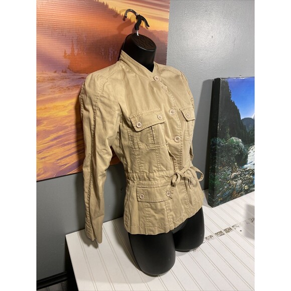 Calvin‎ Klein Women’s Belted Jacket Size 4 Tan Cotton Button Up - Picture 2 of 4